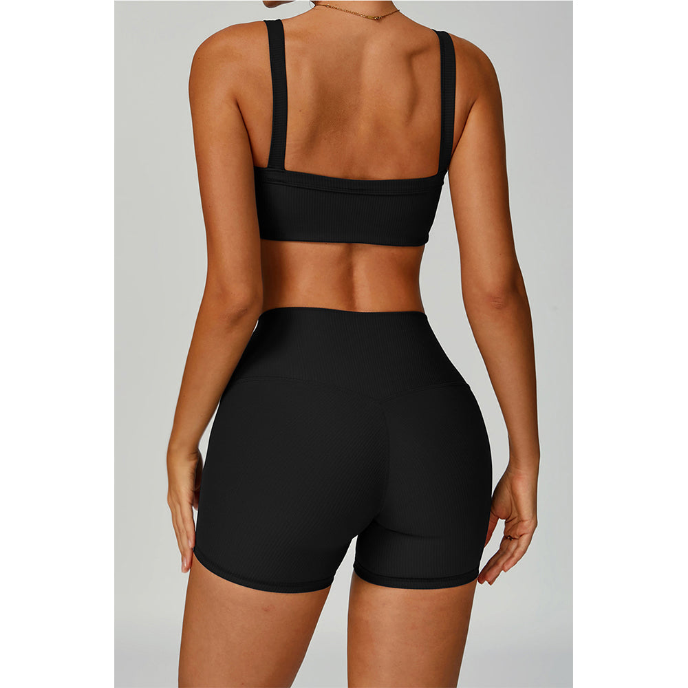 Attraco Women's Square Neck Ribbed Sports Bra with Removable Pads