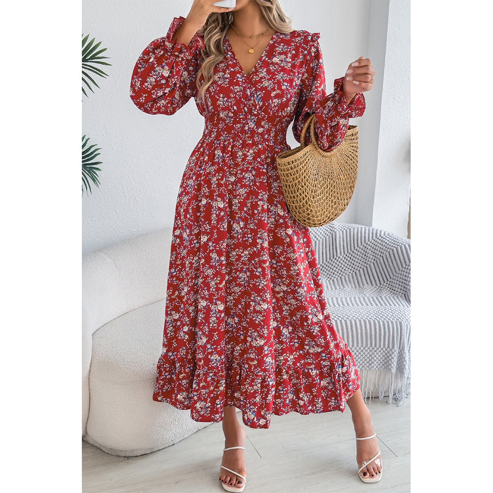 Attraco Women Surplice V Neck Smocked Long Sleeve Tiered Midi Ditsy Floral Dress
