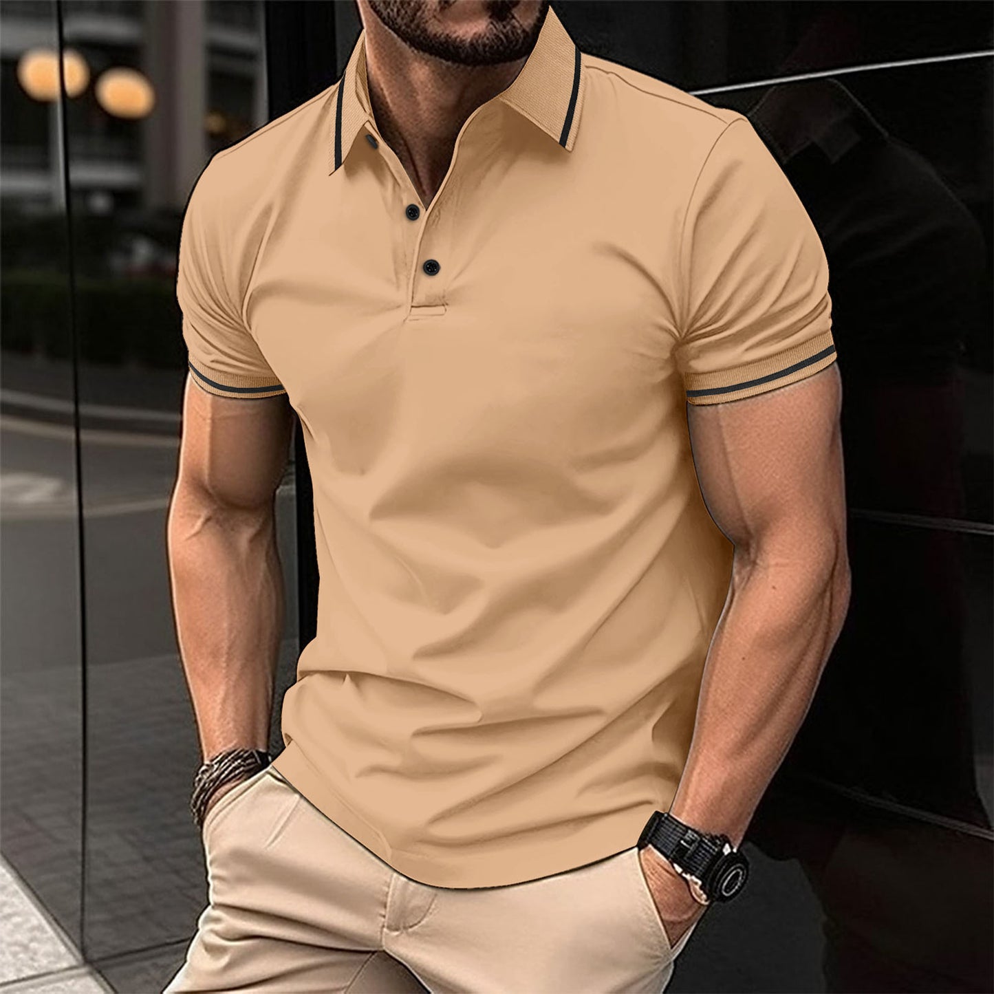 Attraco Men's Ribbed Collar Button Front Short-Sleeve Polo Shirt