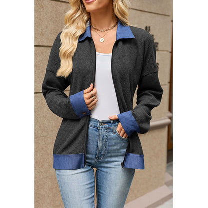 Attraco Women's Contrast Trim Zip-Up Sweatshirt Jacket, Long Sleeve Collared Relaxed Fit