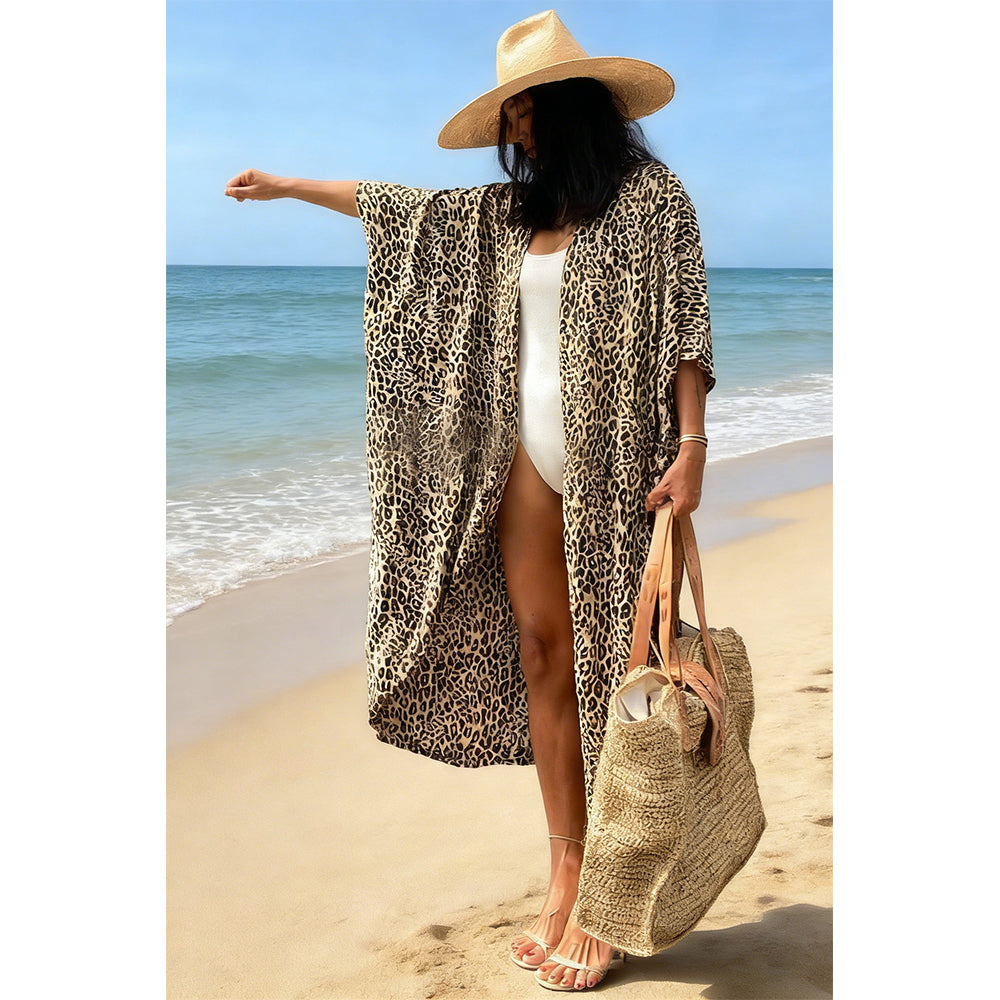 Charmo Women's Leopard Print Kimono Style Open Front Tie Waist Cover Up Swimming Maxi Dress