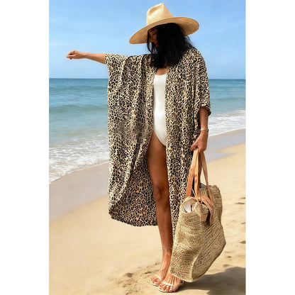 Charmo Women's Leopard Print Kimono Style Open Front Tie Waist Cover Up Swimming Maxi Dress