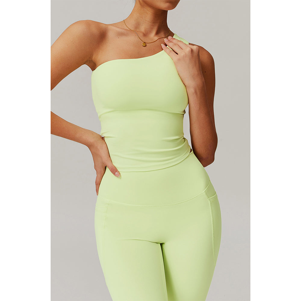Attraco Women's One Shoulder Ruched Cropped Sports Tank Top with Removable Pads Yoga Tops