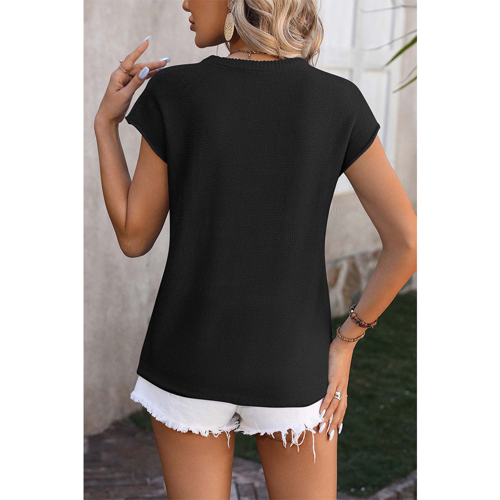 Attraco Women's Cap Sleeve Textured Center-Seam Crew Neck Blouse Spring Summer Tops