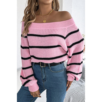 V For City Women's 2025 Autumn Winter Casual Striped Off-Shoulder Lantern Sleeve Pullover Sweater