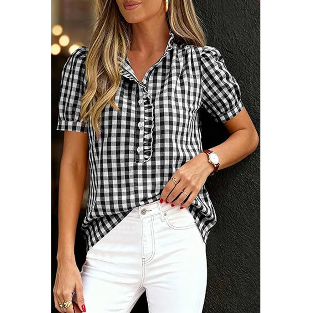 Attraco Womens Puff Short Sleeve Summer Tops Striped Plaid Ruffle V Neck Button Down Shirts Business Casual Work Blouses