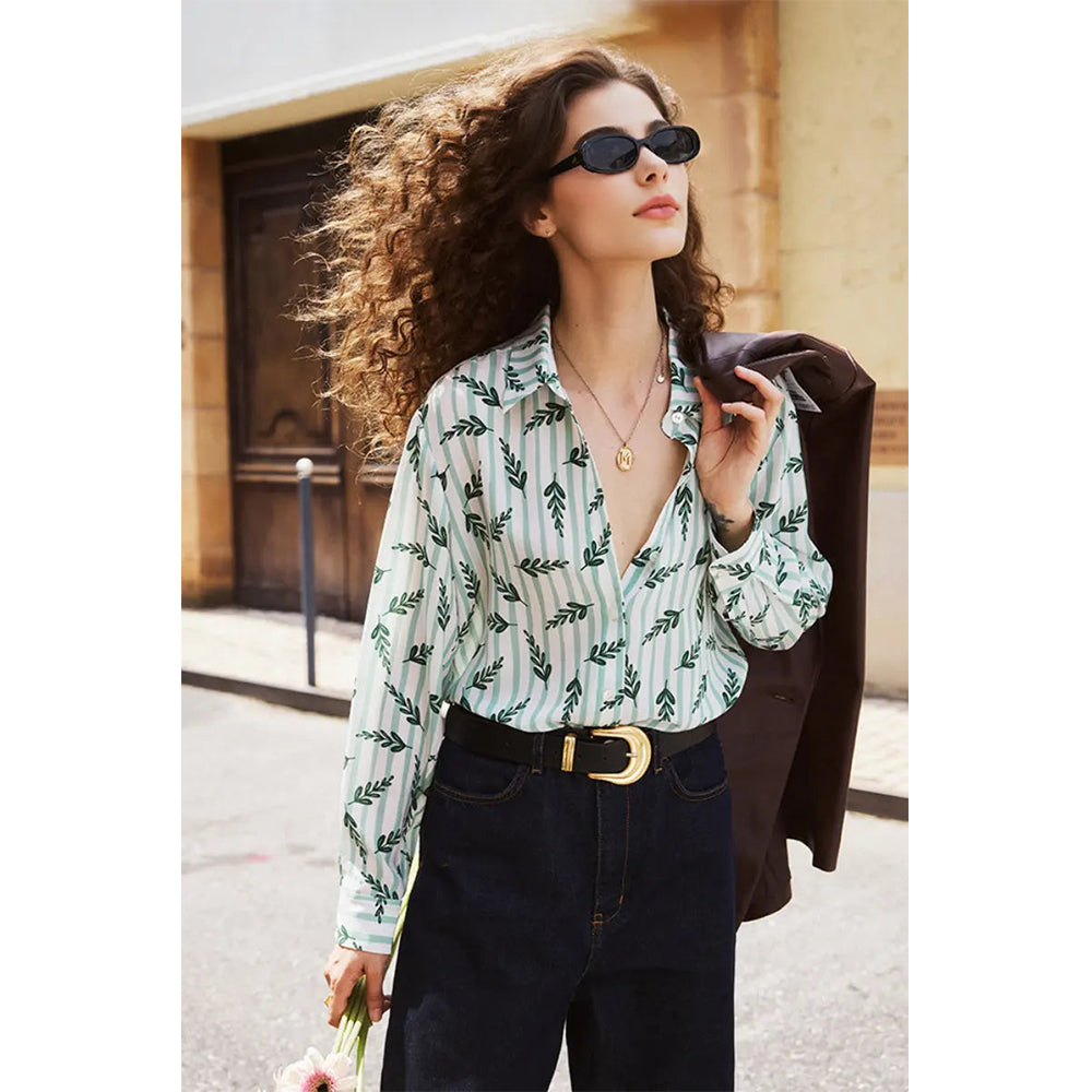 Attraco Women's Long Sleeve Leaf Print Button Down Blouse with Collared Neck