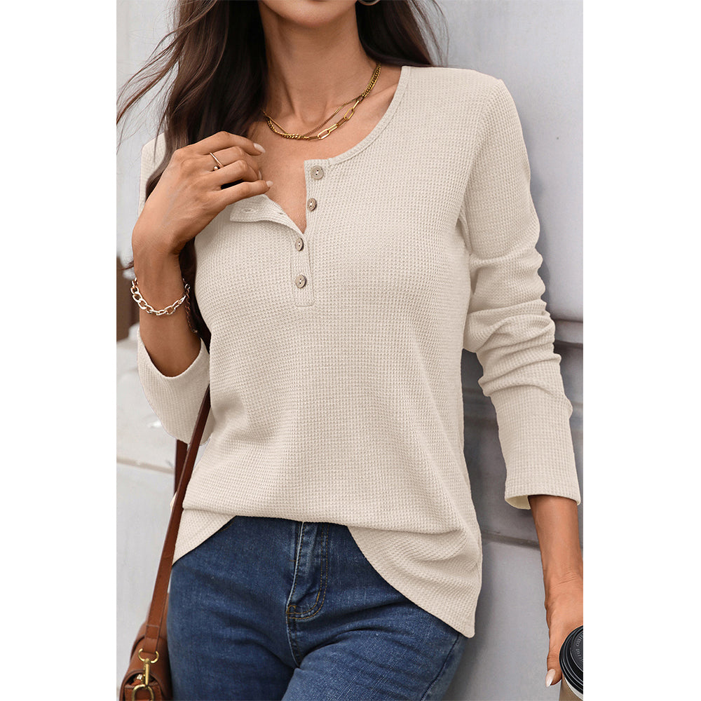 Attraco Women's Long Sleeve Henley Top Textured Knit Casual Shirt with Button Front