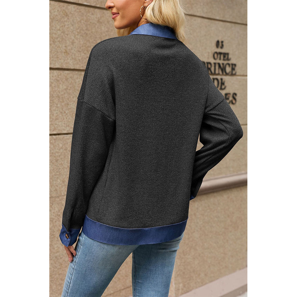 Attraco Women's Contrast Trim Zip-Up Sweatshirt Jacket, Long Sleeve Collared Relaxed Fit