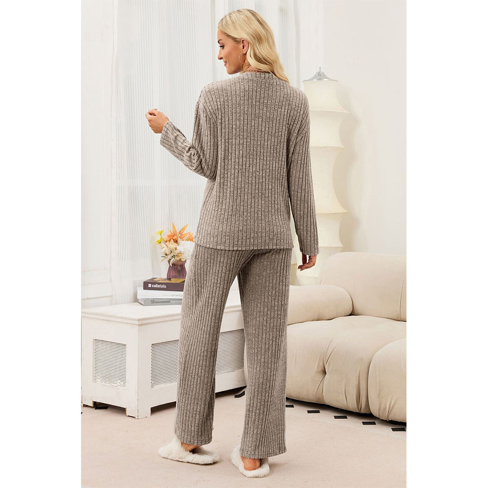 Attraco Women's Ribbed Pajama Set 2 Piece Lounge Set Long Sleeve Henley Top Wide Leg Pants Soft Knit Sleepwear