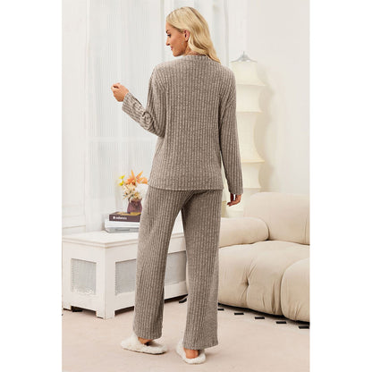Attraco Women's Ribbed Pajama Set 2 Piece Lounge Set Long Sleeve Henley Top Wide Leg Pants Soft Knit Sleepwear