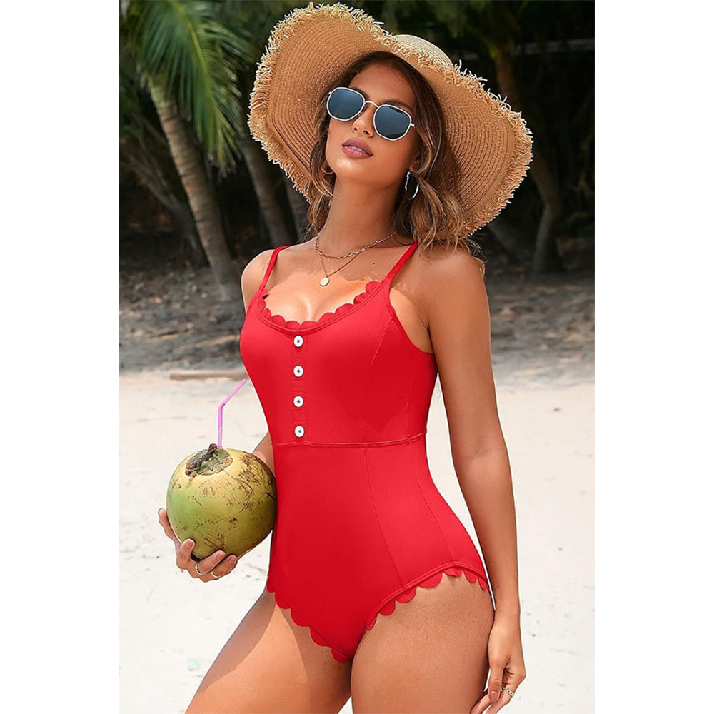 Charmo Women's Scalloped Edge Button Front Cutout Back One Piece Swimsuit Bathing Suit For Summer