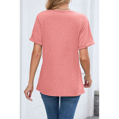 Attraco Women's V Neck Rolled Cuff Short Sleeve Loose Fit Casual T-Shirt Summer Tops