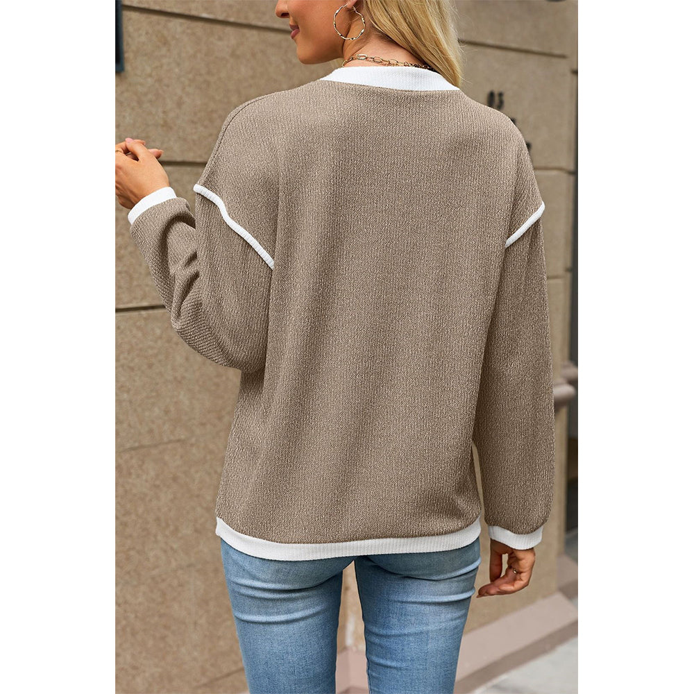 Attraco Women's Contrast Trim Henley Neck Long Sleeve Knit Top