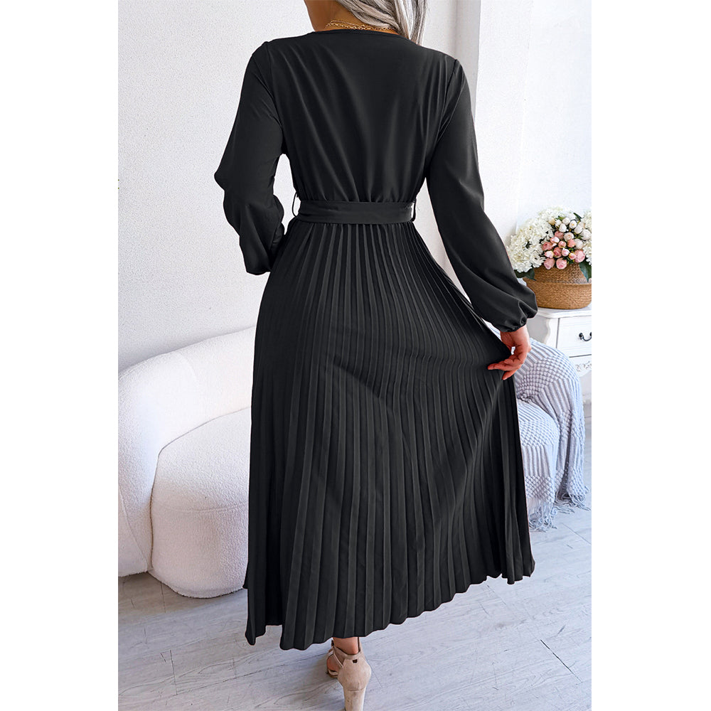 Attraco Women Wrap V Neck Belted Long Balloon Sleeve Pleated Midi Dress