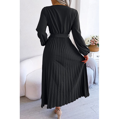 Attraco Women Wrap V Neck Belted Long Balloon Sleeve Pleated Midi Dress
