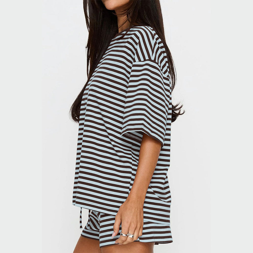 Attraco Women Striped Oversized Crew Neck Short Sleeve 2 Piece Pajama Loungewear Short Set