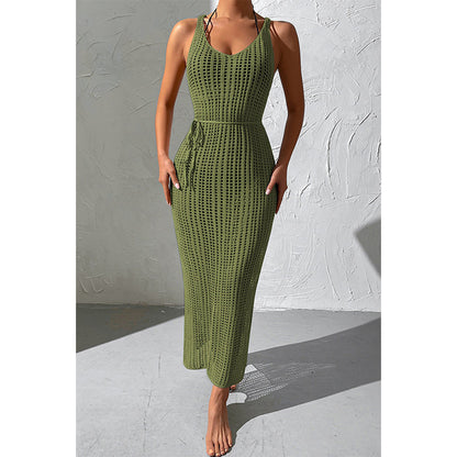 Charmo Women's Crochet Sleeveless Backless Maxi Cover Up Dress with Waist Drawstring & Side Slit