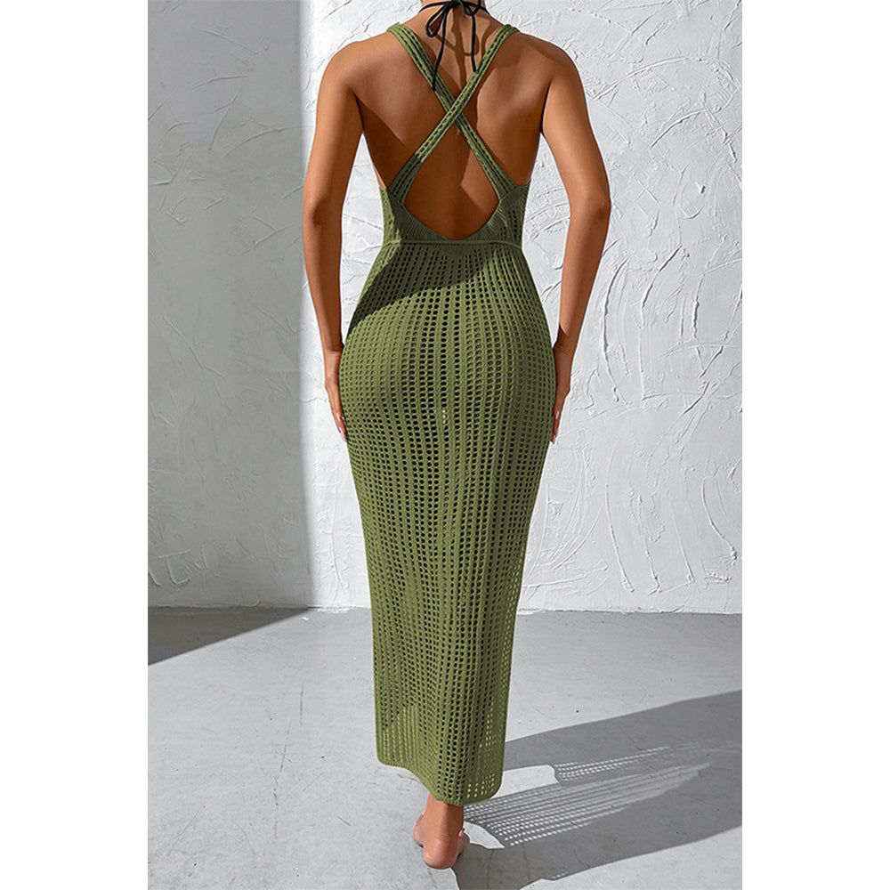 Charmo Women's Crochet Sleeveless Backless Maxi Cover Up Dress with Waist Drawstring & Side Slit