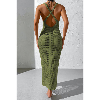 Charmo Women's Crochet Sleeveless Backless Maxi Cover Up Dress with Waist Drawstring & Side Slit