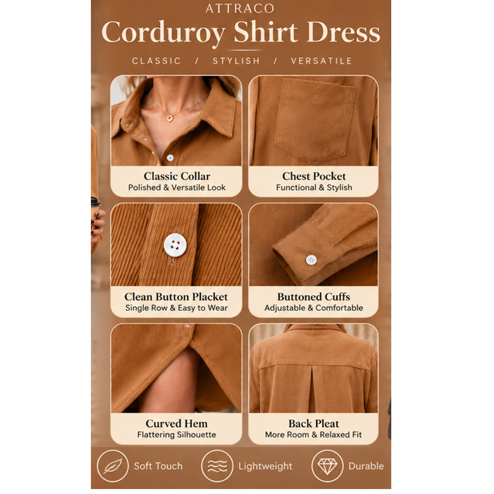 Attraco Women's Corduroy Shirt Dress, Solid Long Sleeve Button-Down Long Dress with Collar