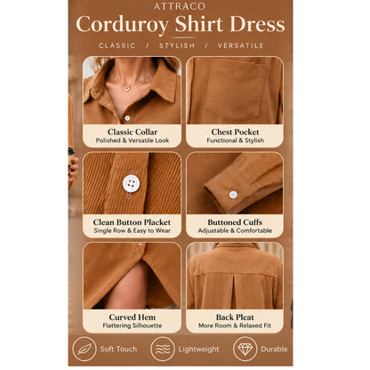 Attraco Women's Corduroy Shirt Dress, Solid Long Sleeve Button-Down Long Dress with Collar