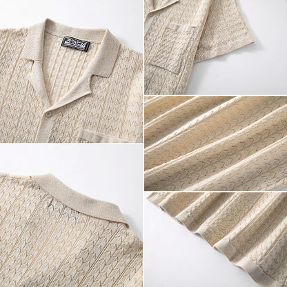 Attraco Men's Short Sleeve Textured Knit Camp Collar Button Front Shirt Summer Tops