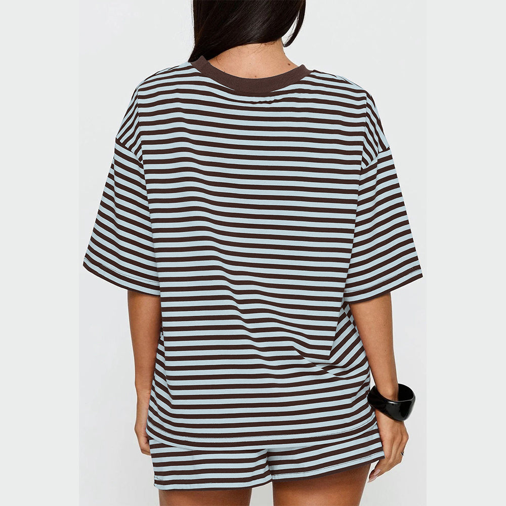 Attraco Women Striped Oversized Crew Neck Short Sleeve 2 Piece Pajama Loungewear Short Set