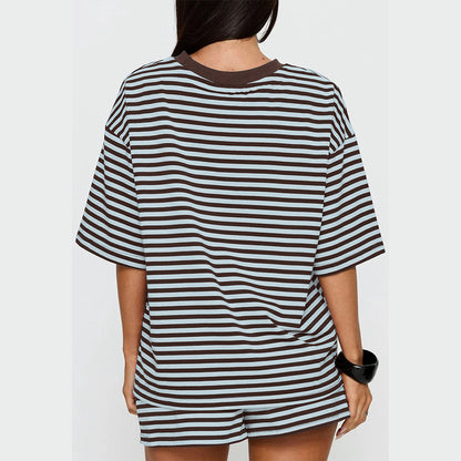Attraco Women Striped Oversized Crew Neck Short Sleeve 2 Piece Pajama Loungewear Short Set