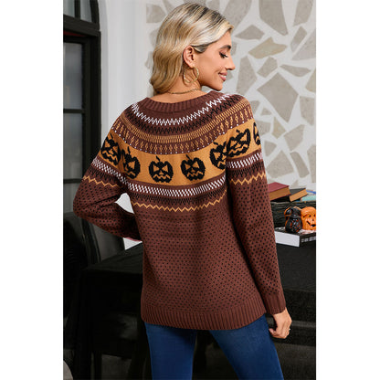 Attraco Women's Halloween Pumpkin Sweater Long Sleeve Crewneck Fair Isle Knit Pullover Fall Cozy Holiday Jumper