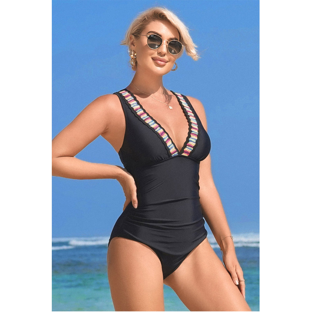 Charmo Women's Embellished V-Neck One Piece Swimsuit Ruched Back Cutout Tummy Control Bathing Suit