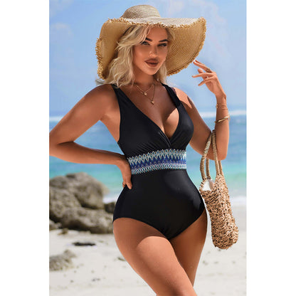 Charmo Women's V-Neck One Piece Swimsuit Embroidered Waist Band & Back Cutout Bathing Suits