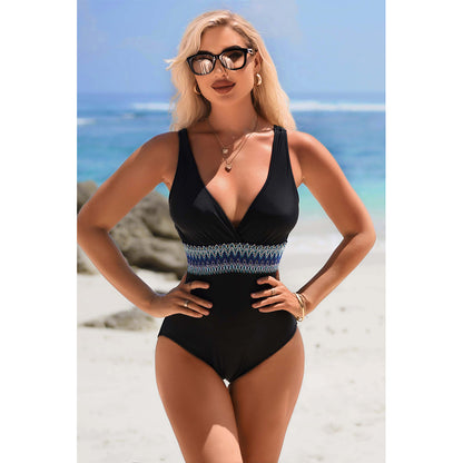 Charmo Women's V-Neck One Piece Swimsuit Embroidered Waist Band & Back Cutout Bathing Suits