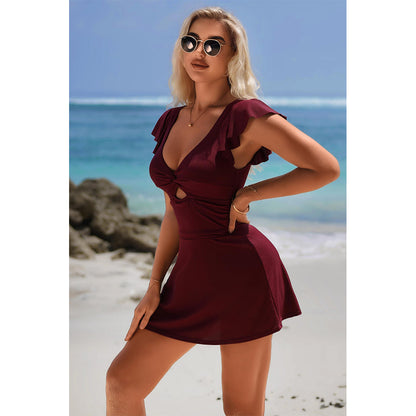 Charmo Women's Twist Front Ruffled Sleeve Cutout Backless Flared Swim Dress with Built-In Bottoms