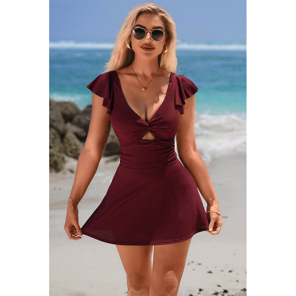 Charmo Women's Twist Front Ruffled Sleeve Cutout Backless Flared Swim Dress with Built-In Bottoms