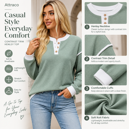 Attraco Women's Long Sleeve Contrast Trim Henley Knit Shirt Soft Stretch Casual Top