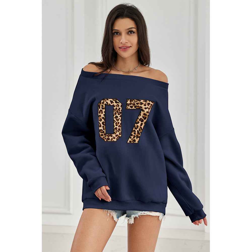 Attraco Women's Off shoulder Long Sleeve Sweatshirt Oversized Number Pattern Fleece lined Pullover Top Fallfreshness