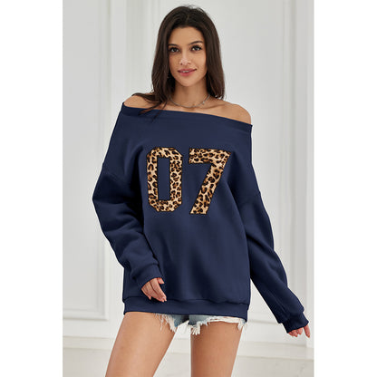 Attraco Women's Off shoulder Long Sleeve Sweatshirt Oversized Number Pattern Fleece lined Pullover Top Fallfreshness