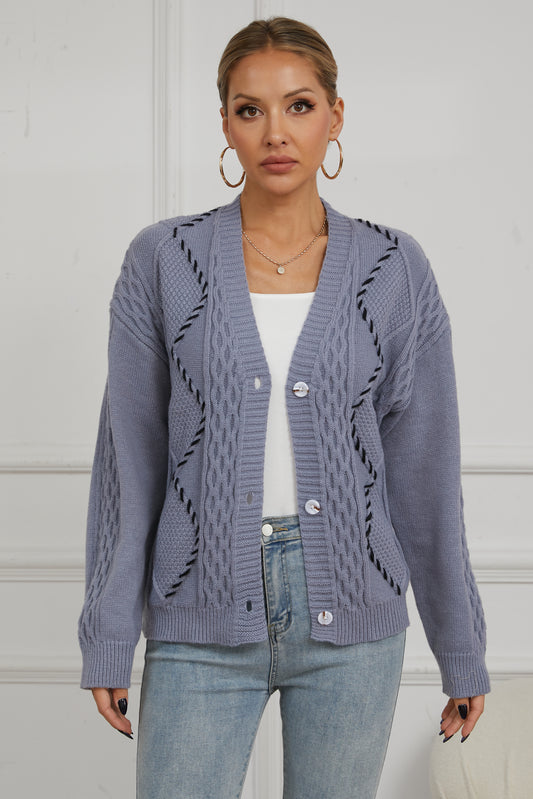 V For City Women's Cable-Knit V Neck Long Sleeve Button Down Cardigan with Contrast Stitching