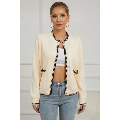V For City Women's Knit Round Neck Long Sleeve Button Down Cardigan with Contrast Trim and Pockets
