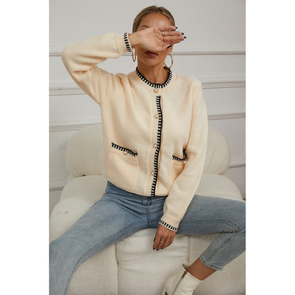 V For City Women's Knit Round Neck Long Sleeve Button Down Cardigan with Contrast Trim and Pockets