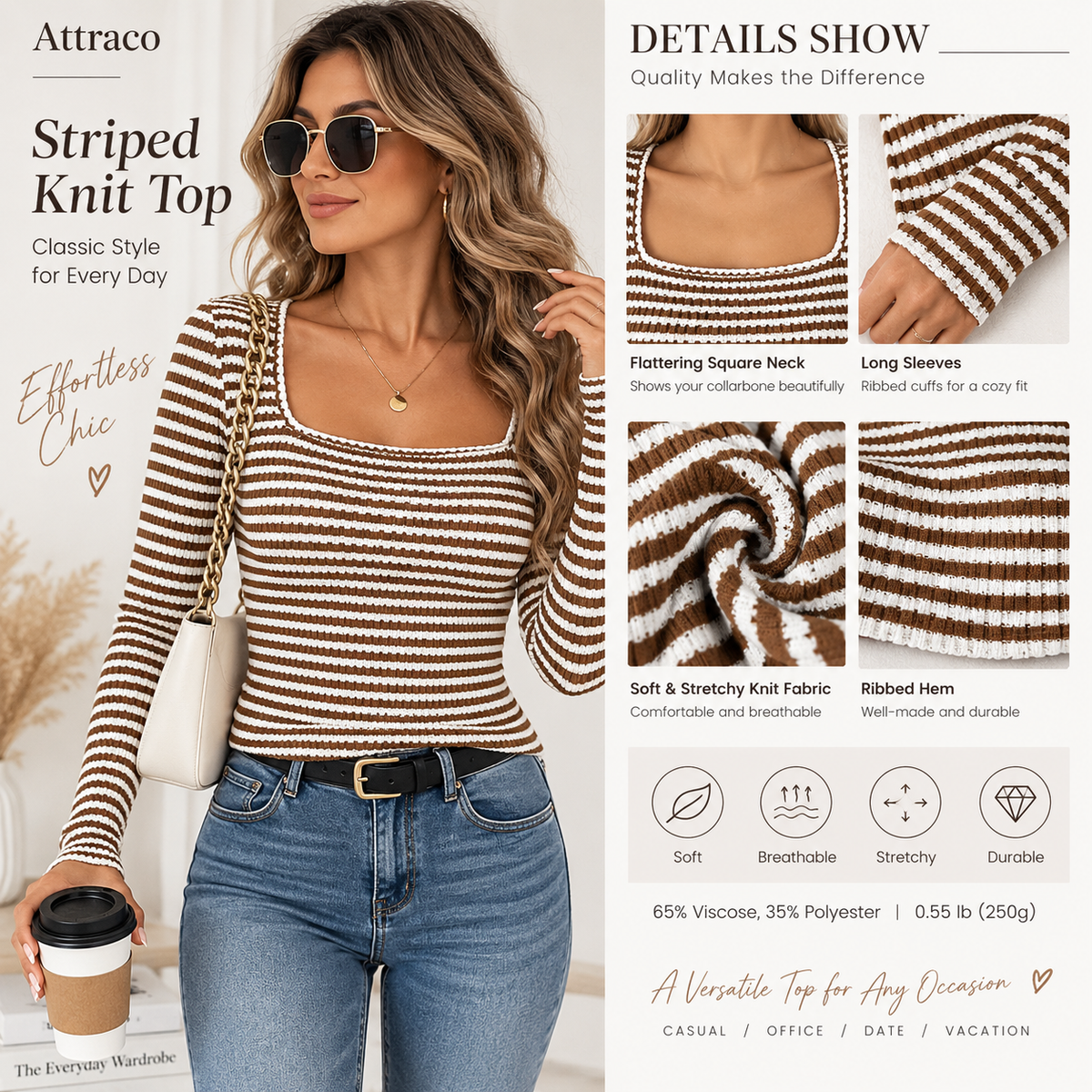 Attraco Women's Square Neck Ribbed Knit Sweater Long Sleeve Striped Pullover Slim Fit Casual Lightweight Top