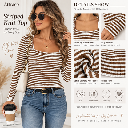 Attraco Women's Square Neck Ribbed Knit Sweater Long Sleeve Striped Pullover Slim Fit Casual Lightweight Top