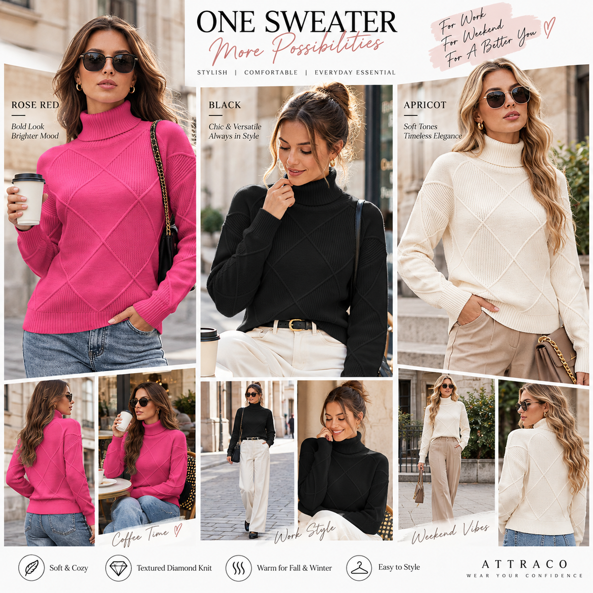 Attraco Women's Turtleneck Diamond Knit Sweater Long Sleeve Ribbed Pullover Cozy Winter Sweater