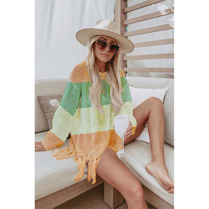 Charmo Women's Long Sleeve Hollow Out Crochet Cover Up with Fringe Hem