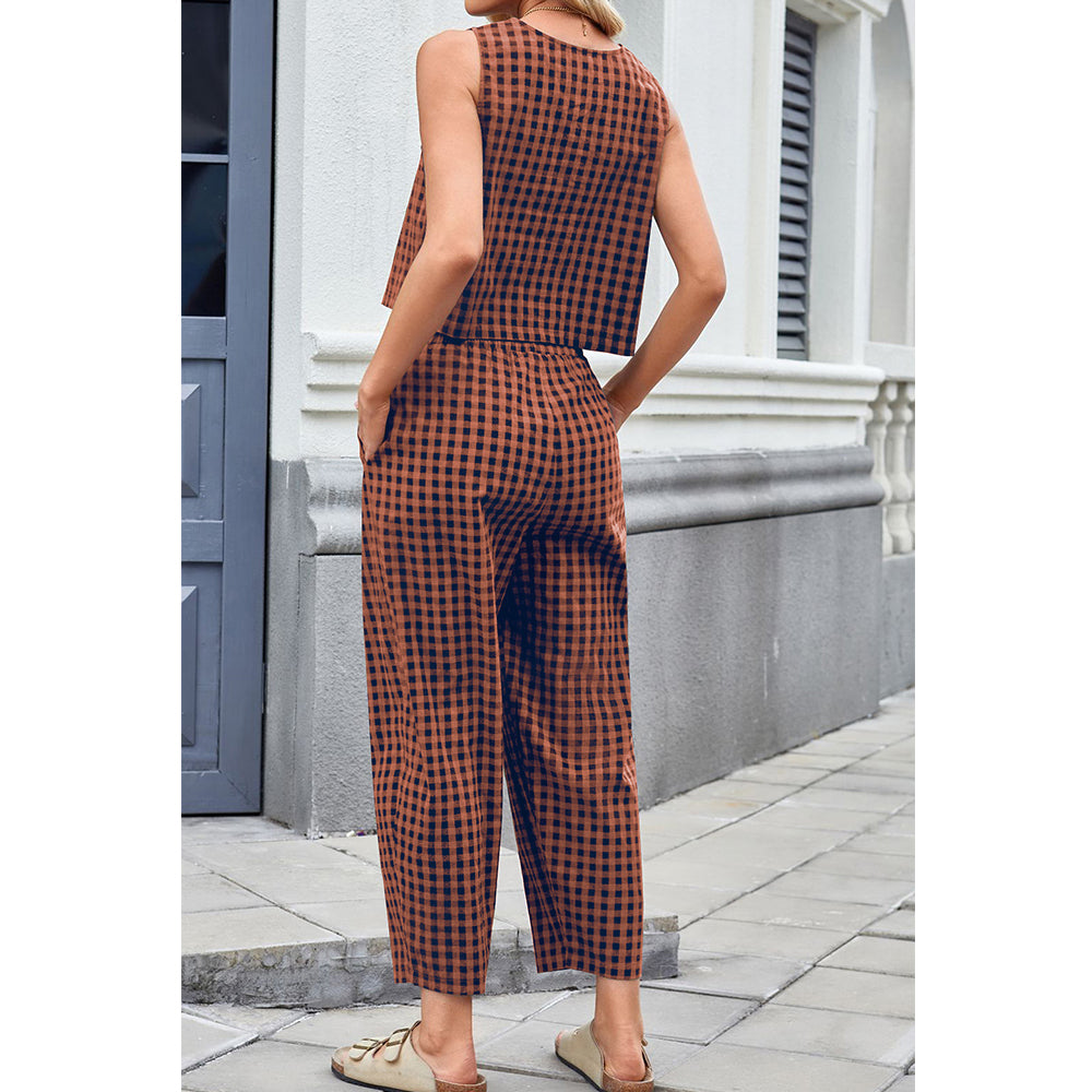 Attraco Women Sleeveless Cropped Top 2 Piece Gingham Loungewear Set Elastic Waist Pocket Wide Leg Cropped Pants Sets