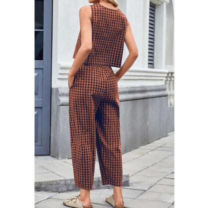 Attraco Women Sleeveless Cropped Top 2 Piece Gingham Loungewear Set Elastic Waist Pocket Wide Leg Cropped Pants Sets