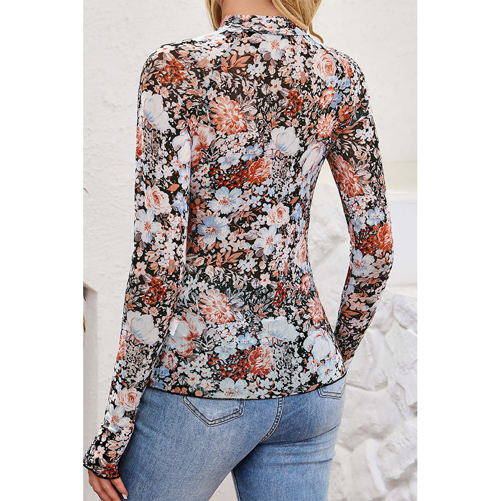 Attraco Women's Floral Print Mock Neck Long Sleeve Sheer Mesh Tops Spring Shirt