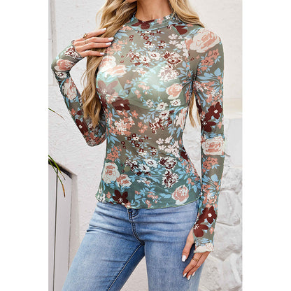Attraco Women's Floral Print Mock Neck Long Sleeve Sheer Mesh Tops Spring Shirt