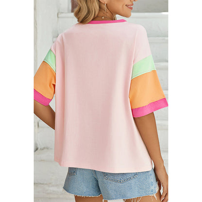 Attraco Women's Oversized Color Block Half-Sleeve Drop-Shoulder Blouse Summer T-shirt